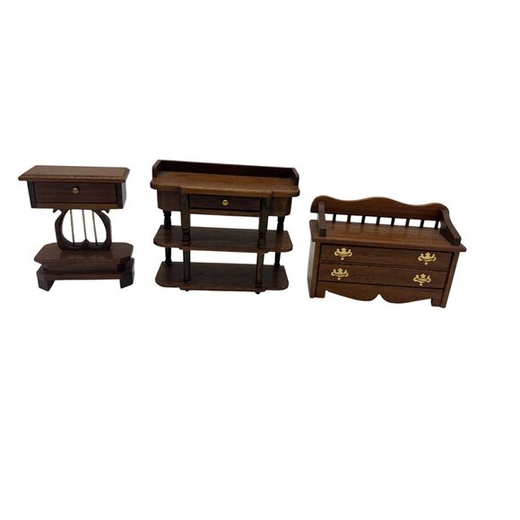 J.B. Miniatures Other - J.B. Miniatures Wood Dollhouse Furniture Lyre Table, Tiered Stand & Bench 1:12